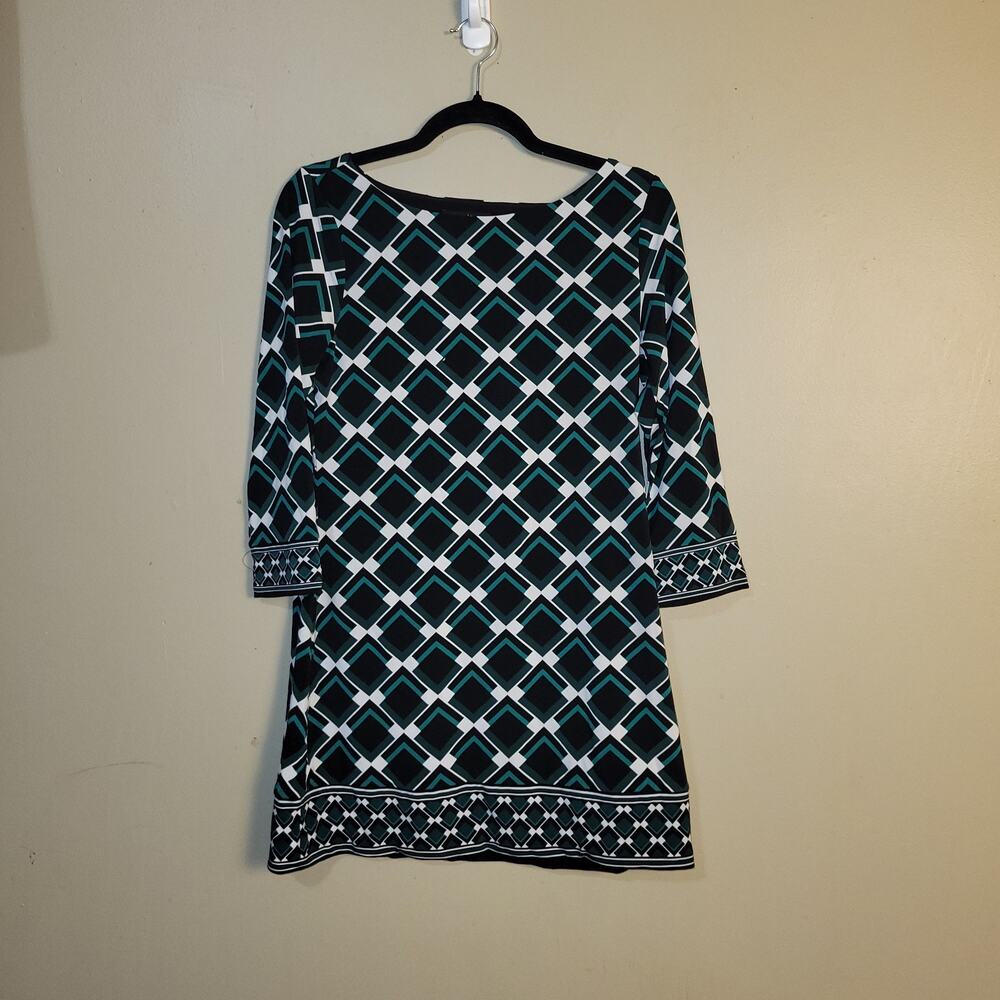 White House Black Market Dress Womens S Black Green Geometric Shift EXCELLENT
